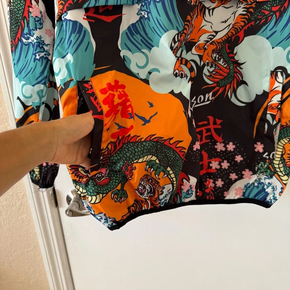 Reason Clothing Kanji Japan Print Dragon Half-Zip Anorak Hoodie Jacket Sz Medium
